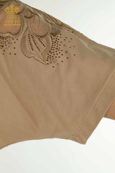 Женская блузка с V-образным вырезом оптом, темно-бежевая - 79550 | КАZEE - Thumbnail
