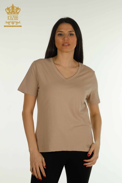 Kazee - Женская блузка с V-образным вырезом темно-бежевого цвета оптом - 79564 | КАZEE