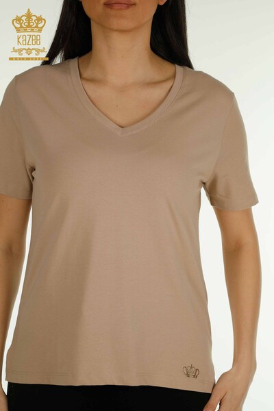 Женская блузка с V-образным вырезом темно-бежевого цвета оптом - 79564 | КАZEE - Thumbnail