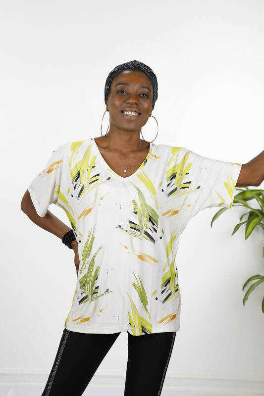 Женская блузка с цифровым принтом и V-образным вырезом с коротким рукавом - 12027 | КАZЕЕ
