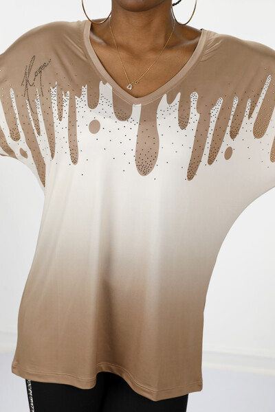 оптовая продажа женской блузки с цифровым принтом с переходом цвета с коротким рукавом - 12033 | КАZЕЕ - Thumbnail