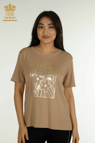 Kazee - Женская блузка с цветочным узором оптом бежевого цвета - 79528 | КАZEE