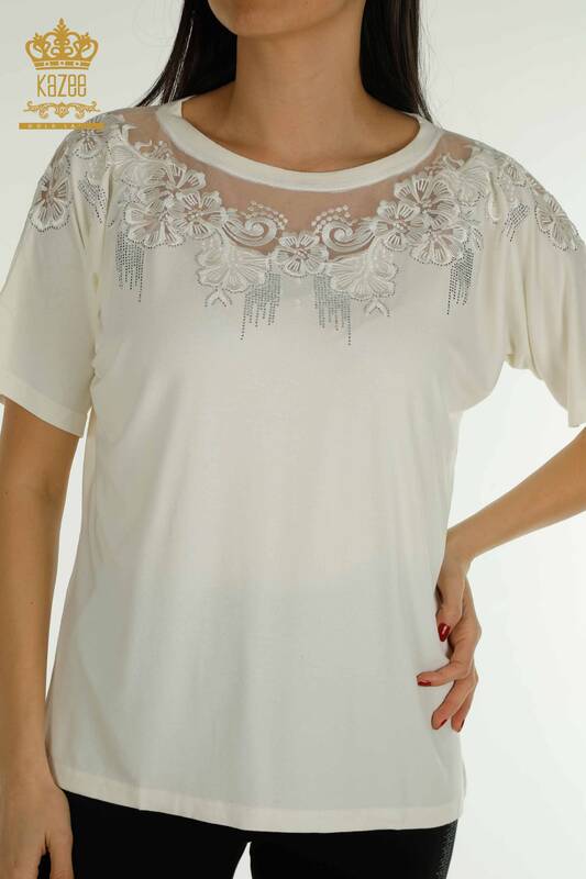 Женская блузка с цветочным узором оптом, экрю - 79081 | КАZEE