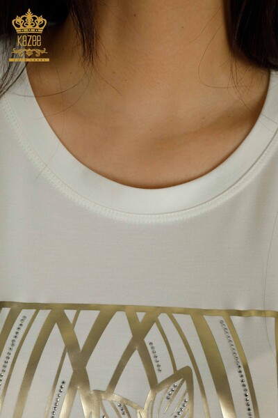 Женская блузка с цветочным узором экрю оптом - 79528 | КАZEE - Thumbnail