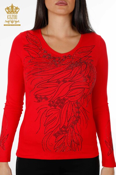 Женская блузка с цветочным камнем и вышитым рукавом Подробно - 79020 | КАZЕЕ - Thumbnail