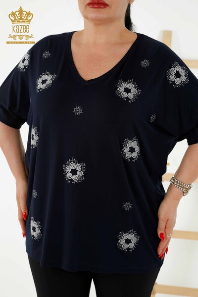 Женская блузка оптом с цветочным узором темно-синего цвета - 78879 | КАZЕЕ - Thumbnail