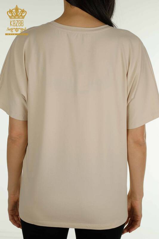 Женская блузка с цветочной вышивкой оптом, бежевая - 79459 | КАZEE