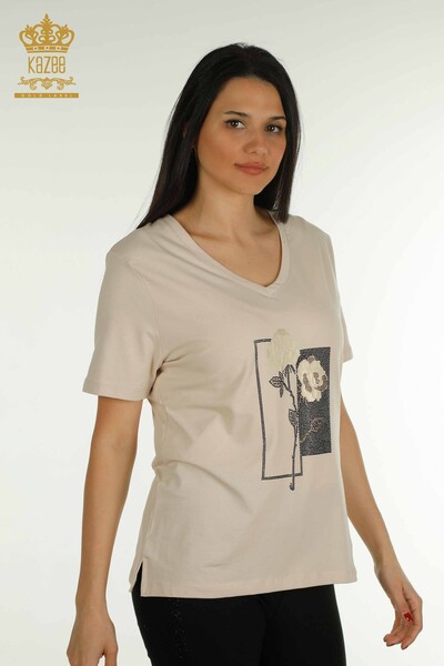 Женская блузка с цветочной вышивкой оптом, бежевая - 79860 | КАZEE - Thumbnail