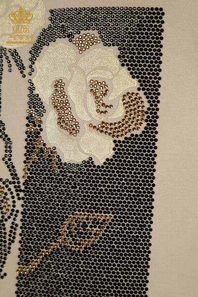 Женская блузка с цветочной вышивкой оптом, бежевая - 79860 | КАZEE - Thumbnail