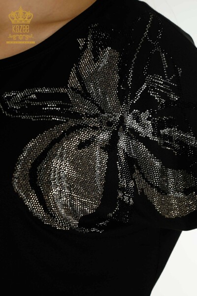 Женская блузка с цветочной вышивкой оптом, черная - 79357 | КАZEE - Thumbnail (2)