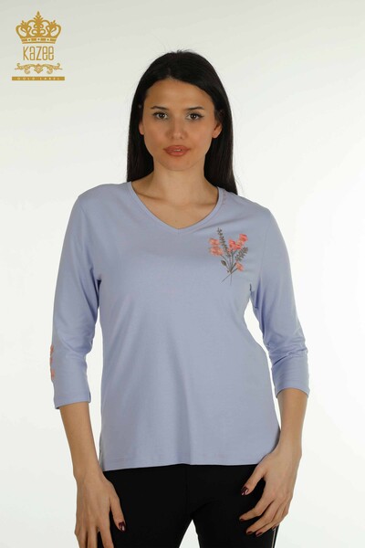 Kazee - Женская блузка с цветочной вышивкой оптом, сиреневая - 79466 | КАZEE