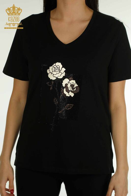 Женская блузка с цветочной вышивкой оптом, черная - 79860 | КАZEE