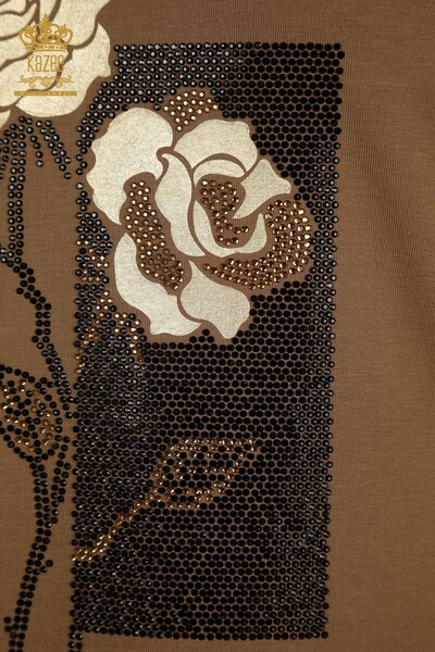 Женская блузка с цветочной вышивкой оптом, коричневая - 79860 | КАZEE - Thumbnail