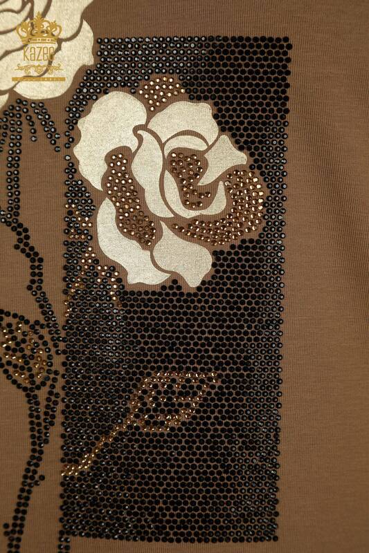 Женская блузка с цветочной вышивкой оптом, коричневая - 79860 | КАZEE
