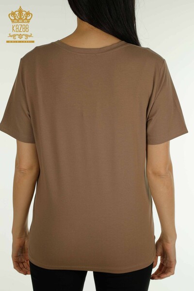Женская блузка с цветочной вышивкой оптом, коричневая - 79860 | КАZEE - Thumbnail