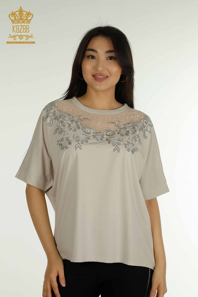 Kazee - Женская блузка из тюля с отделкой камнями оптом - 79500 | КАZEE