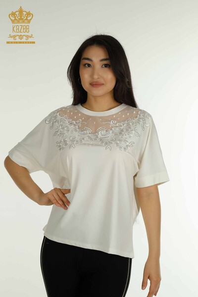 Kazee - Женская блузка из тюля с деталями цвета экрю оптом - 79500 | КАZEE