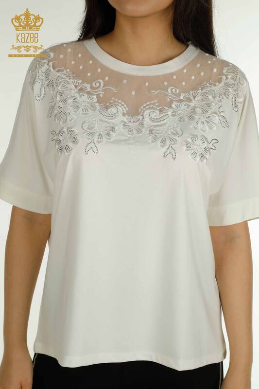 Женская блузка из тюля с деталями цвета экрю оптом - 79500 | КАZEE