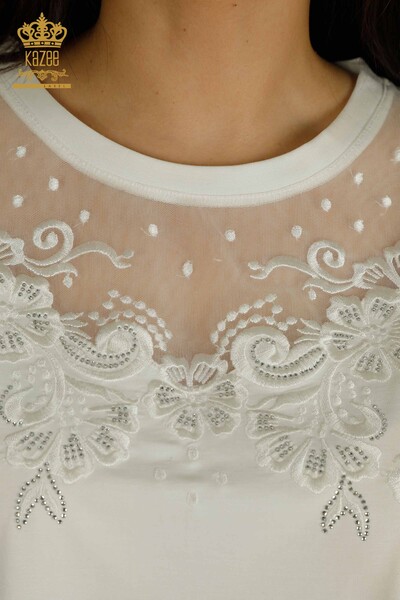 Женская блузка из тюля с деталями цвета экрю оптом - 79500 | КАZEE - Thumbnail