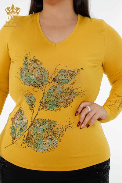 оптовая продажа женская блузка с V-образным вырезом цветной камень вышитый цветок подробно - 79022 | КАZЕЕ - Thumbnail