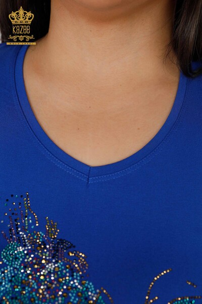 оптовая продажа женская блузка с V-образным вырезом цветной камень вышитый цветок подробно - 79022 | КАZЕЕ - Thumbnail