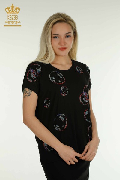 Kazee - Женская блузка с каменной вышивкой оптом, черная - 79359 | КАZEE
