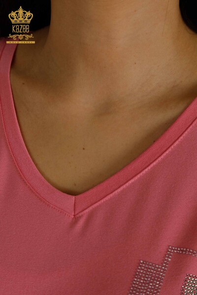 Женская блузка с вышивкой розового цвета оптом - 77487 | КАZEE - Thumbnail