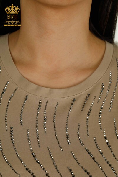 Женская блузка оптом с каменной вышивкой темно-бежевого цвета - 79651 | КАZEE - Thumbnail