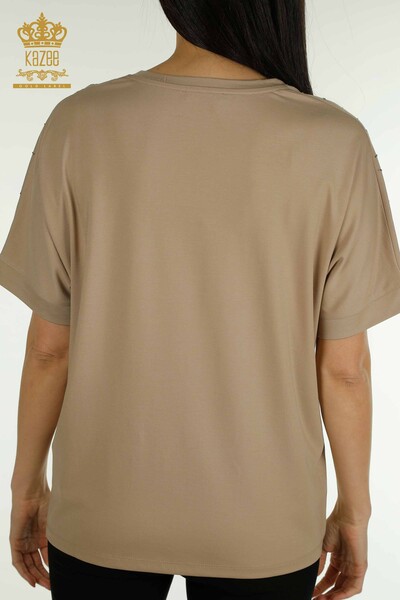 Женская блузка оптом с каменной вышивкой темно-бежевого цвета - 79651 | КАZEE - Thumbnail