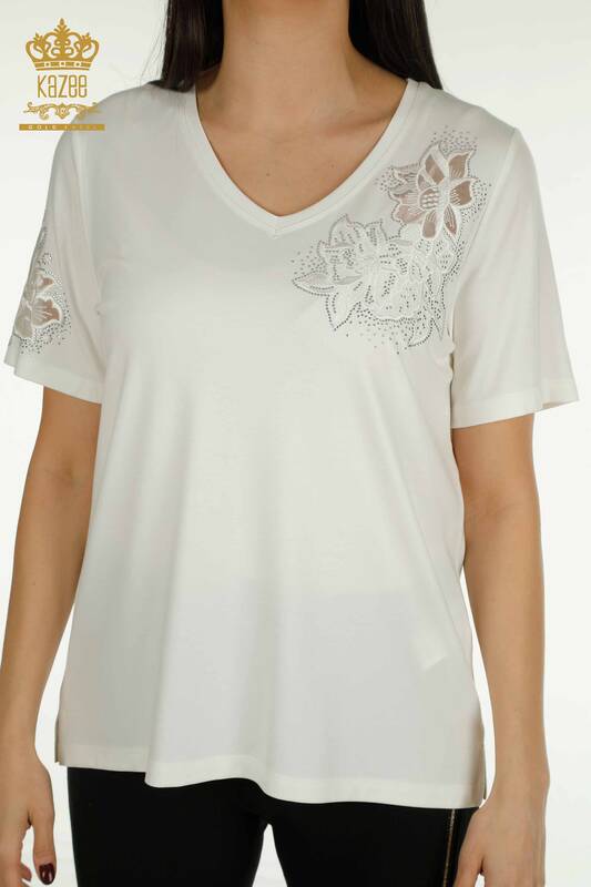 Женская блузка с вышивкой цвета экрю оптом - 79883 | КАZEE
