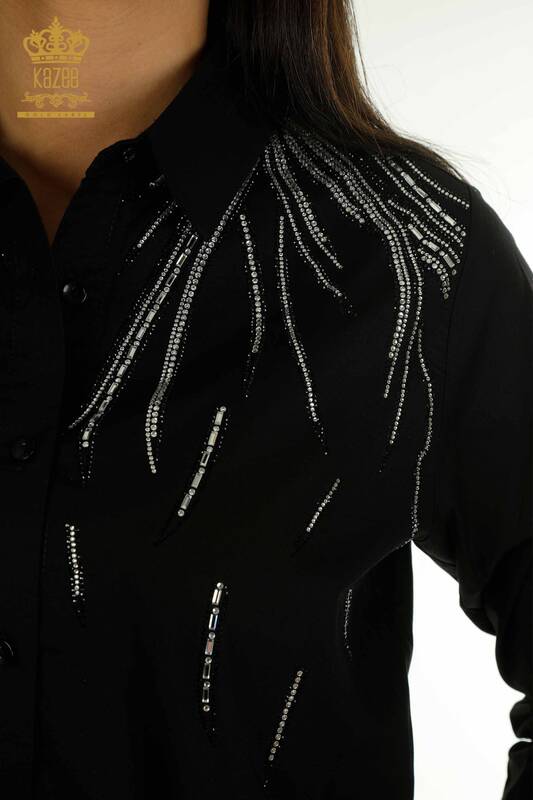 Женская рубашка с вышивкой камнями оптом, черная - 20477 | Кazee