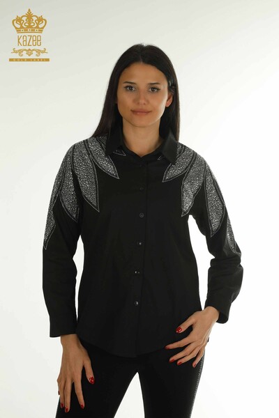Женская рубашка оптом с плечами черного цвета - 20478 | КАZEE - Thumbnail