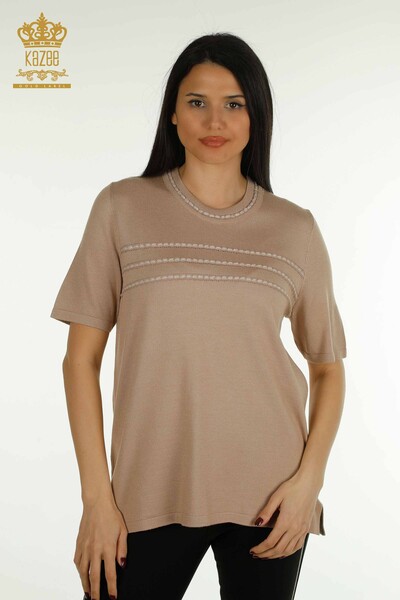 Женский вязаный свитер оптом, американская модель бежевого цвета - 30352 | КАZEE - Thumbnail