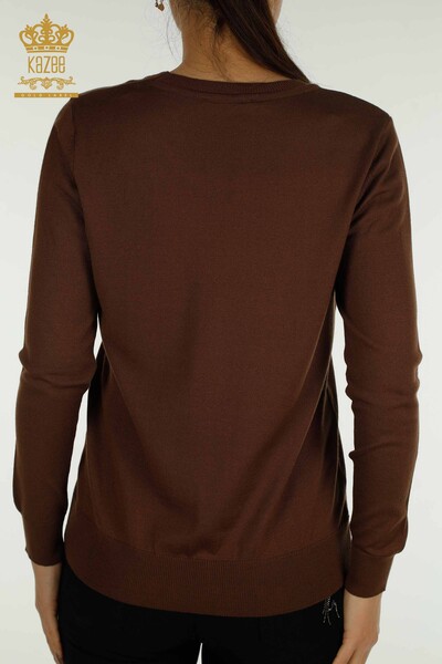 Женский вязаный свитер оптом с базовым логотипом коричневого цвета - 11052 | КАZEE - Thumbnail