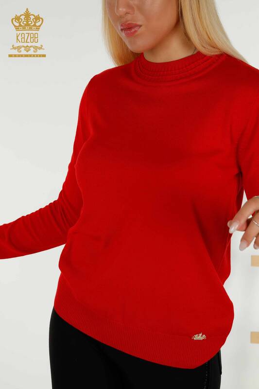 Женский вязаный свитер оптом, базовый красный с логотипом - 30253 | КАZEE