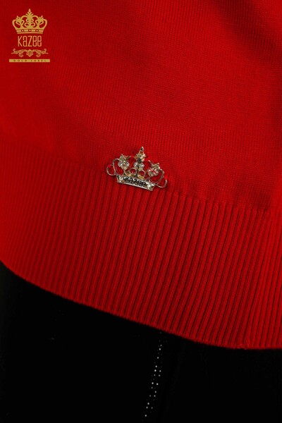Женский вязаный свитер оптом, базовый красный с логотипом - 30253 | КАZEE - Thumbnail