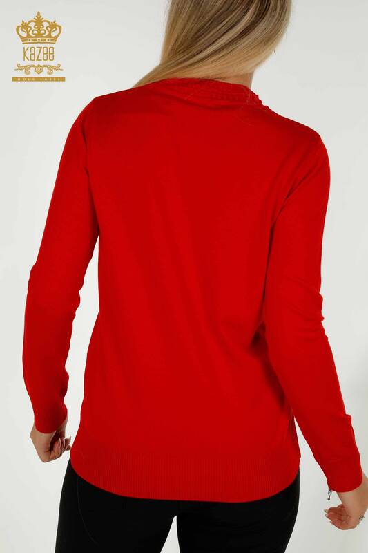 Женский вязаный свитер оптом, базовый красный с логотипом - 30253 | КАZEE