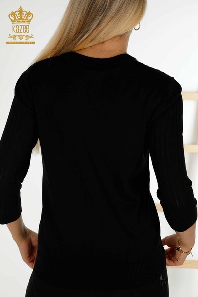 Женский вязаный свитер с V-образным вырезом оптом, базовый черный - 30259 | КАZEE - Thumbnail