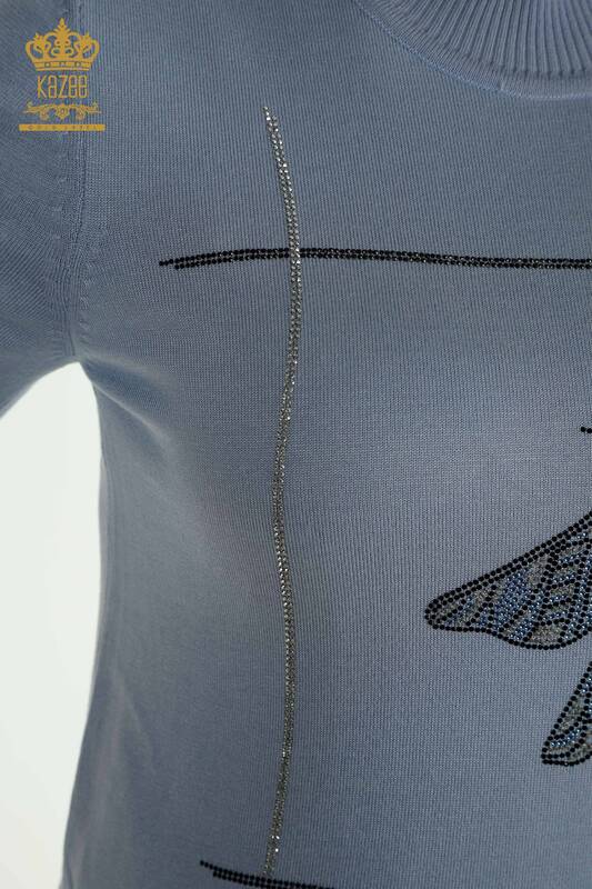 Синий женский трикотажный свитер оптом с деталями в виде стрекозы - 30650 | КАZEE