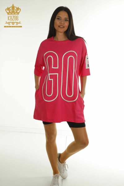 Женская туника с карманами оптом, розовая - 2402-231019 | S&M - Thumbnail