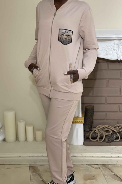 Детальный комплект спортивного костюма для женщин с вышитым камнем карманом - 17261 | КАZЕЕ - Thumbnail