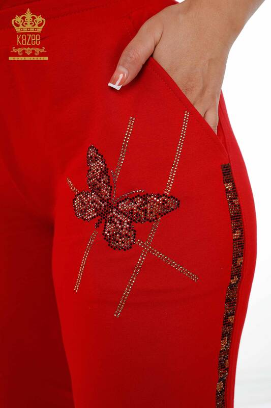 Женский спортивный костюм оптом с коротким рукавом с рисунком бабочки, карманами и камнями - 17407 | КАZЕЕ