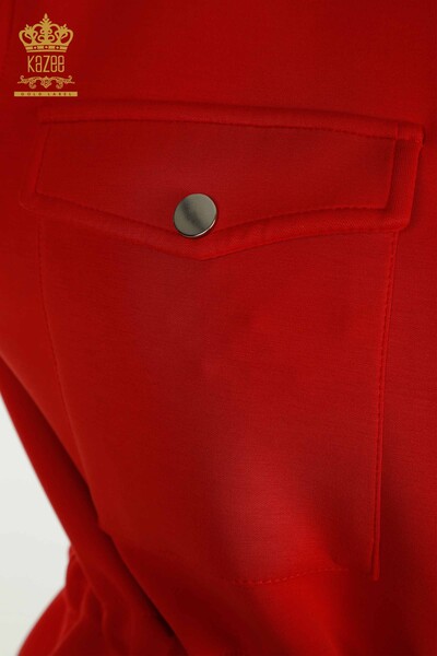 Женский тройной спортивный костюм оптом, красный с пуговицами - 17622 | КАZEE - Thumbnail