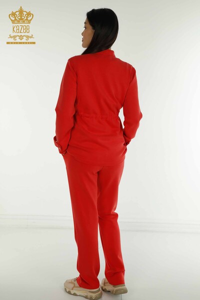 Женский тройной спортивный костюм оптом, красный с пуговицами - 17622 | КАZEE - Thumbnail