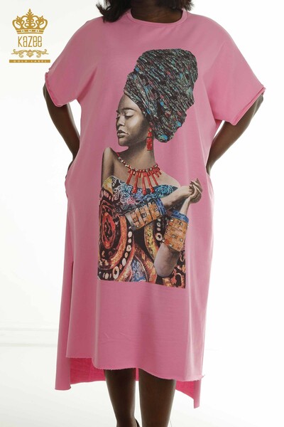 Женское платье с карманами оптом, розовое - 2402-231039 | S&M - Thumbnail