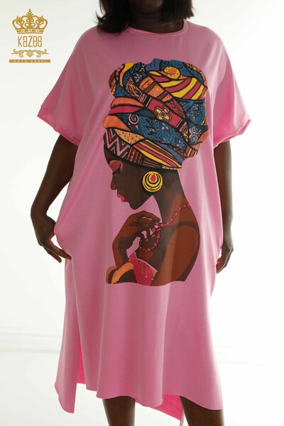 Женское платье с разрезом розового цвета оптом - 2402-212229 | S&M - Thumbnail