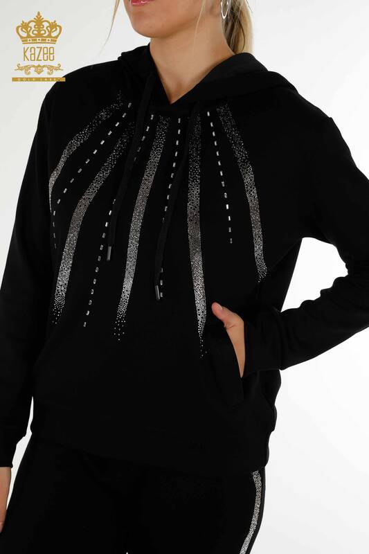 Черный женский спортивный костюм оптом с каменной вышивкой - 17597 | КAZEE
