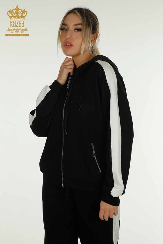 Оптовая продажа комплекта женского спортивного костюма двух цветов с капюшоном черного цвета экрю - 17554 | КАZEE