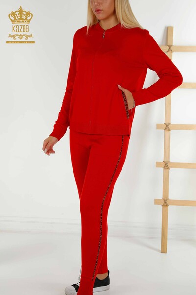 Оптовый женский спортивный костюм красного цвета с вышивкой камнями - 16677 | КAZEE - Thumbnail