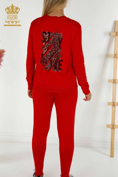 Оптовый женский спортивный костюм красного цвета с вышивкой камнями - 16677 | КAZEE - Thumbnail
